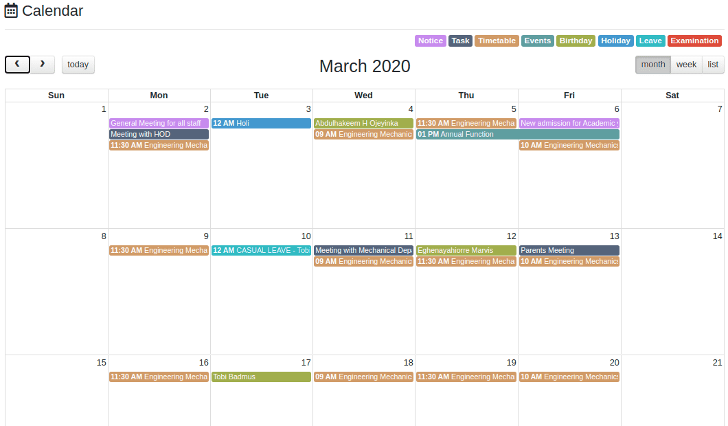 Academic Calendar Management with Upcoming Events